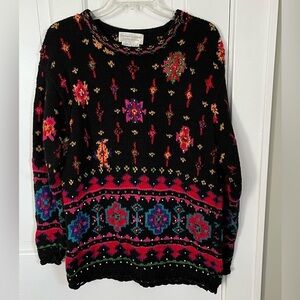 Casual Corner Limited Edition Vintage Hand Knit Allover Embroidered Sweater M